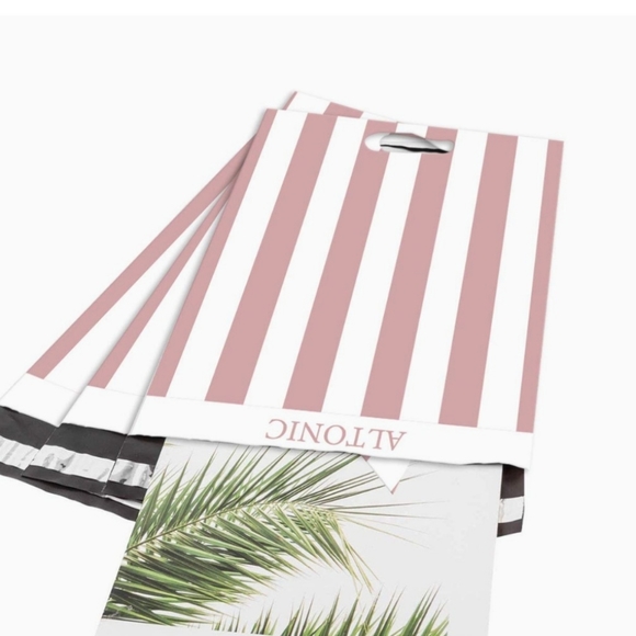 12 Pink and White Stripes Designer Poly Mailer Bags with Handle - Picture 6 of 10